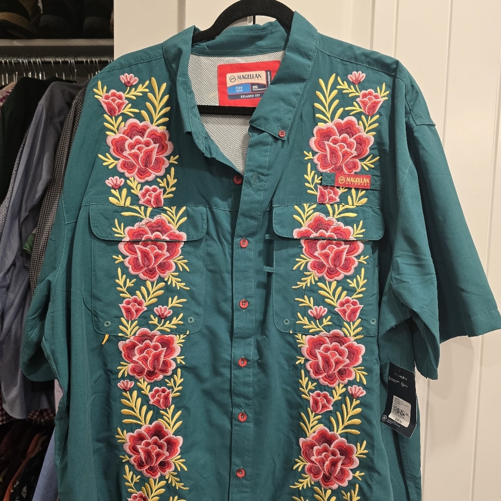 Magellan Teal Shirt with Red Floral Embroidery Laguna Madre